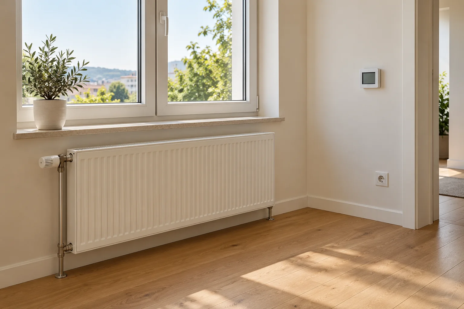 Pencere altında beyaz radyatör, duvarda oda termostatı ve priz bulunan oda köşesi