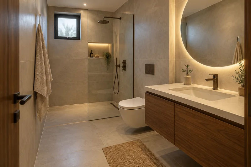 Ceviz lavabo dolabı, yuvarlak ayna ve cam duş alanıyla kompakt Dekolina banyo tasarım konsepti