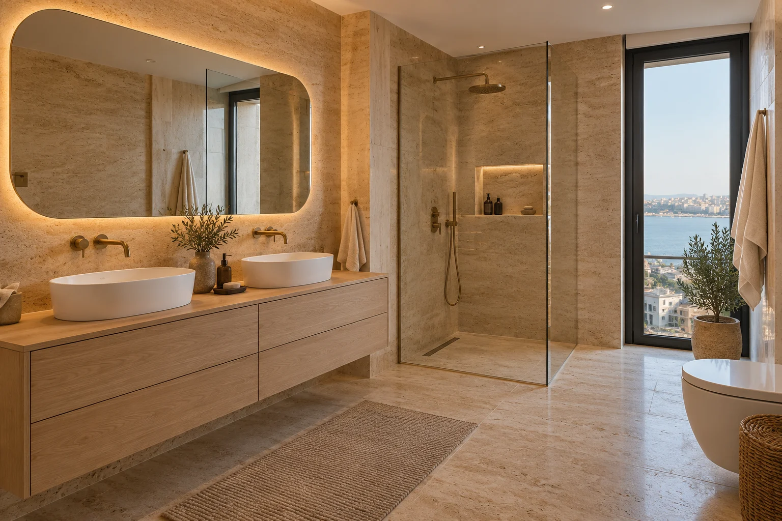 Traverten tonlu yüzeyler, meşe lavabo dolabı ve cam duş alanıyla Dekolina banyo tasarım konsepti